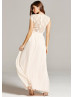 Light Champagne Chiffon Lace Cap Sleeves Long Prom Dress 